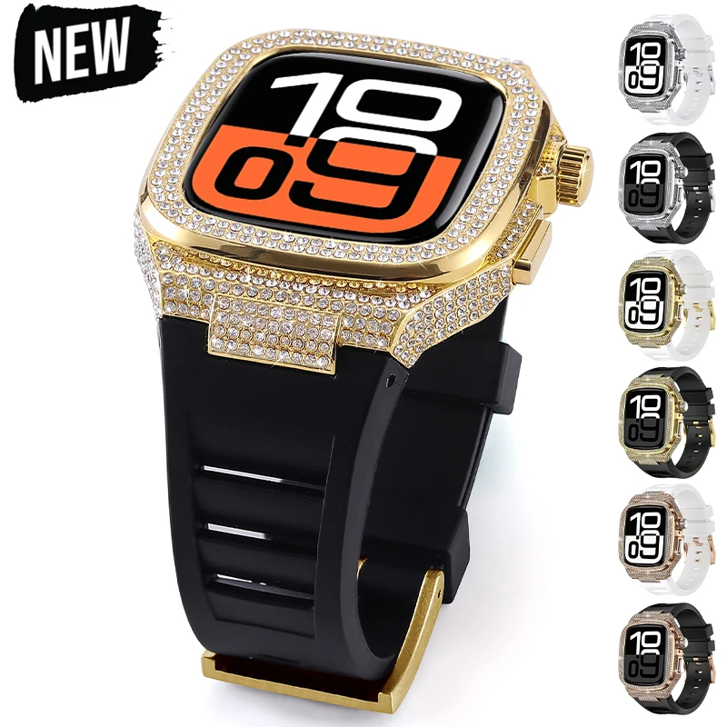 

Luxury Diamond Case Modification Kit for Apple Watch Band 10 46mm 45mm 44mm Metal Case Silicone Strap for IWatch 9 8 7 6 SE 5 4