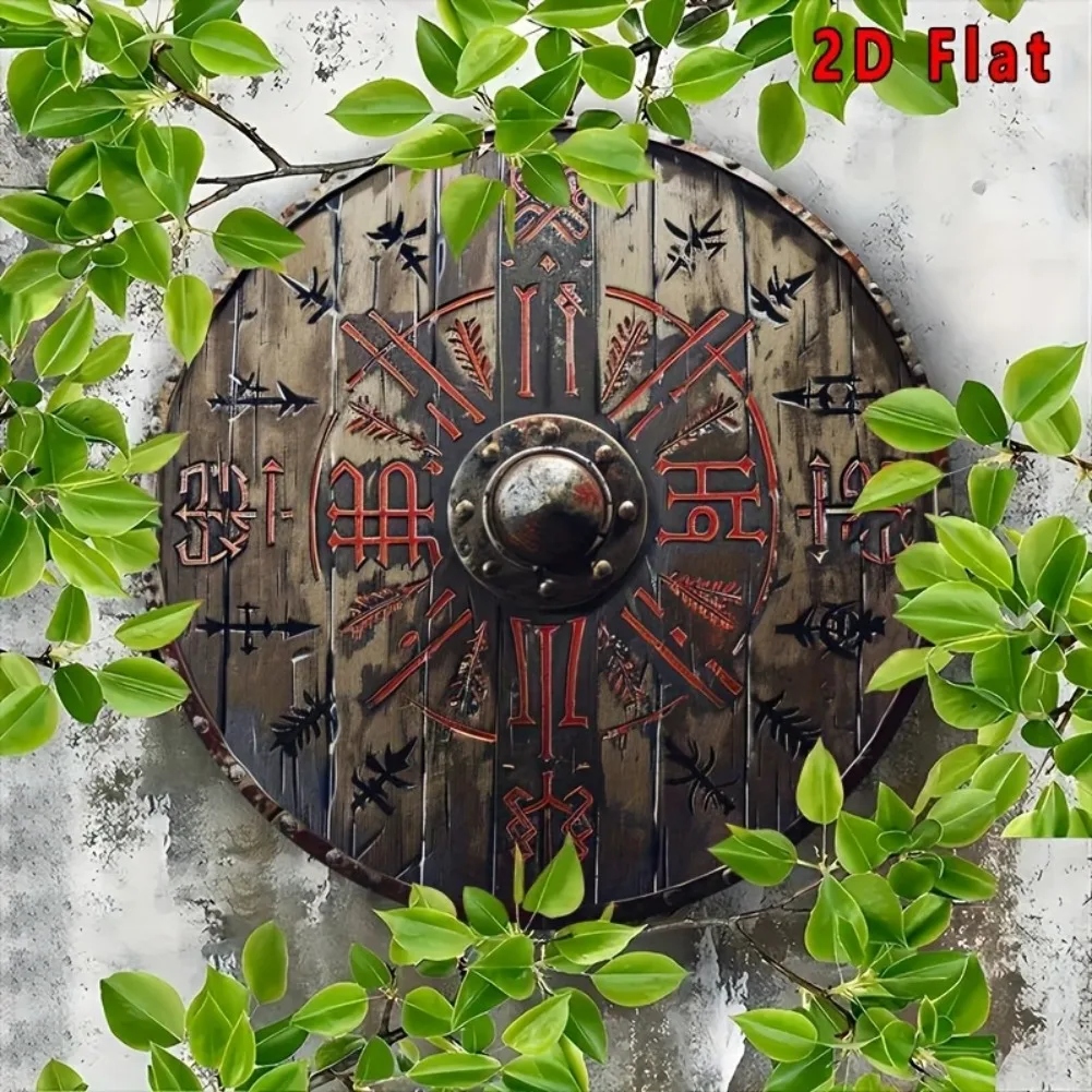 2D Flat, 12" Round Vintage Viking Shield Metal Wall Hanging Sign - Rustic Aluminum Norse Runic Decor with Crossed Axes view 6