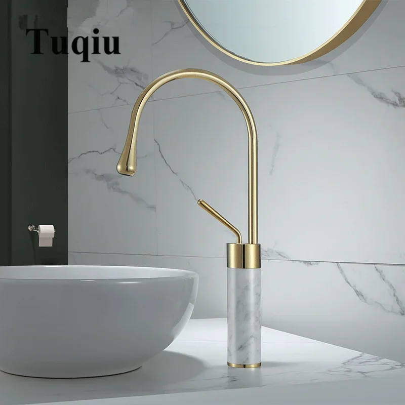 

Bathroom Faucet Brushed Gold Basin Brass and Marble Sink Mixer Tap Hot Cold Sink Lavotory