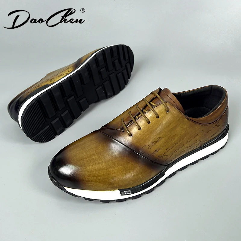 Luxury Men's Casual Sports Shoes Genuine Leather Green Gray Lace Up Oxford Shoes Travel Outdoor Jogging Lightweight sneakers