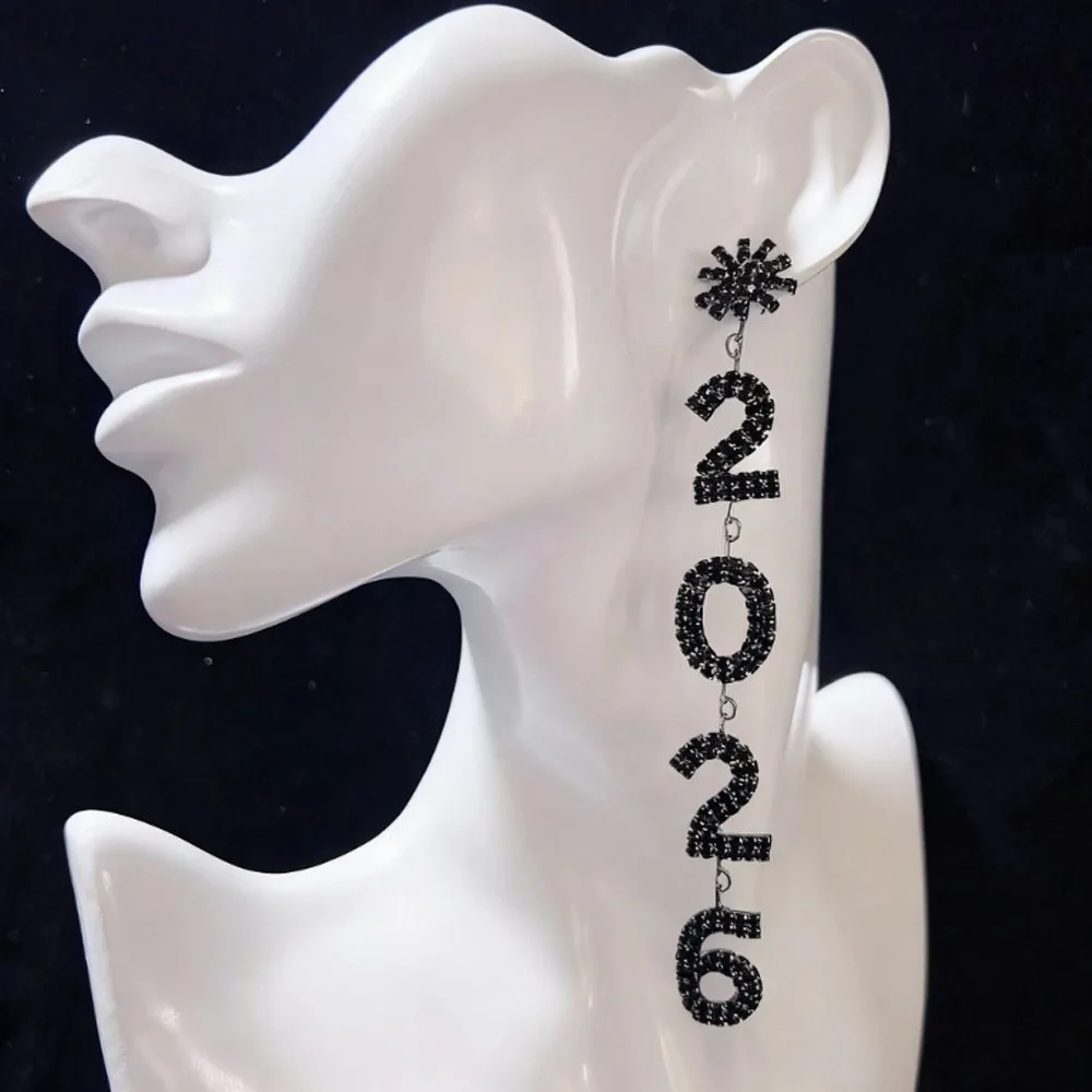 الجمالية 2026 أقراط حجر الراين مجوهرات سنة جديدة سعيدة أقراط لامعة طويلة قطرة كريستال أقراط الحفلات قلادة عيد الميلاد