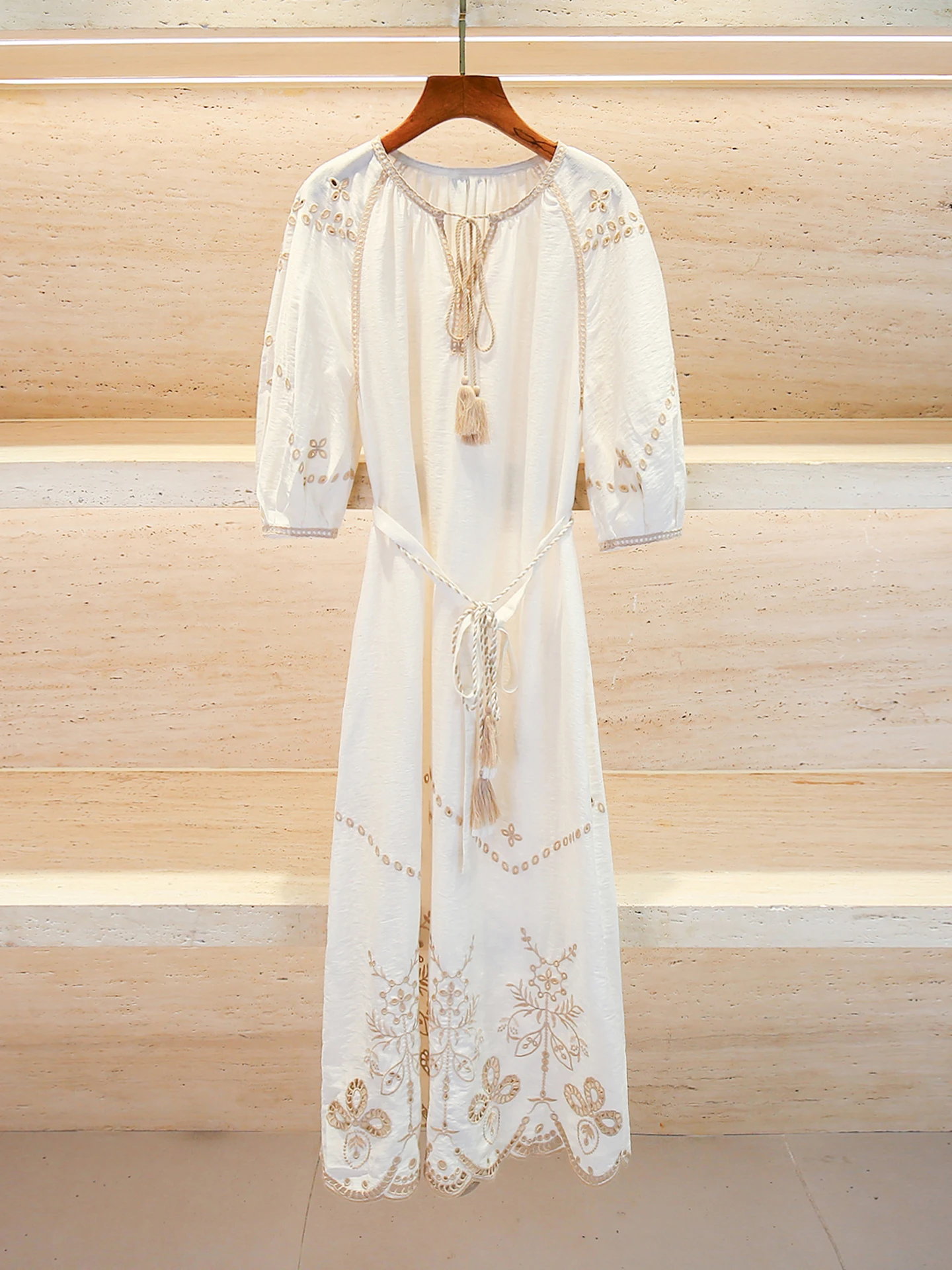 

n Sle Embroidered Belted Linen Dr High Waist A-Line Skirt Long Sve round Ne Summer 2025 Women's Faion Dr