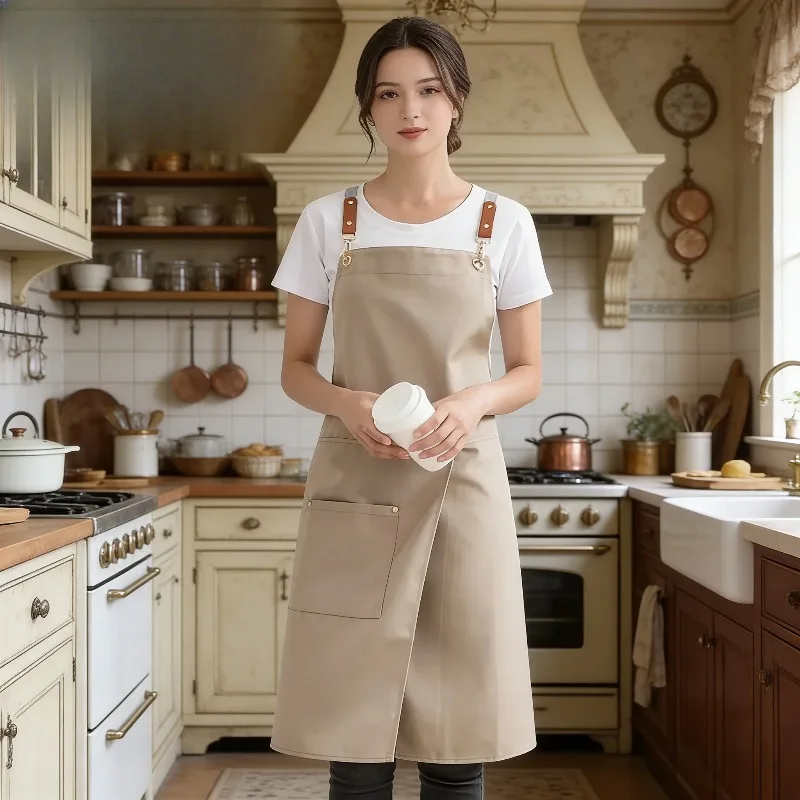 Household Waterproof Canvas Material Solid Color Sleeveless Apron With Pockets Split Skirt For Restaurant Kitchen And Daily Use