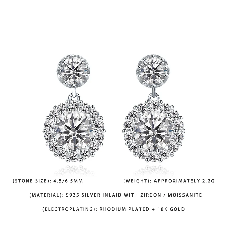 

Классические серьги-подвески с муассанитом в оправе «Хало», серебро S925, позолота 18К, для свадьбы и годовщины