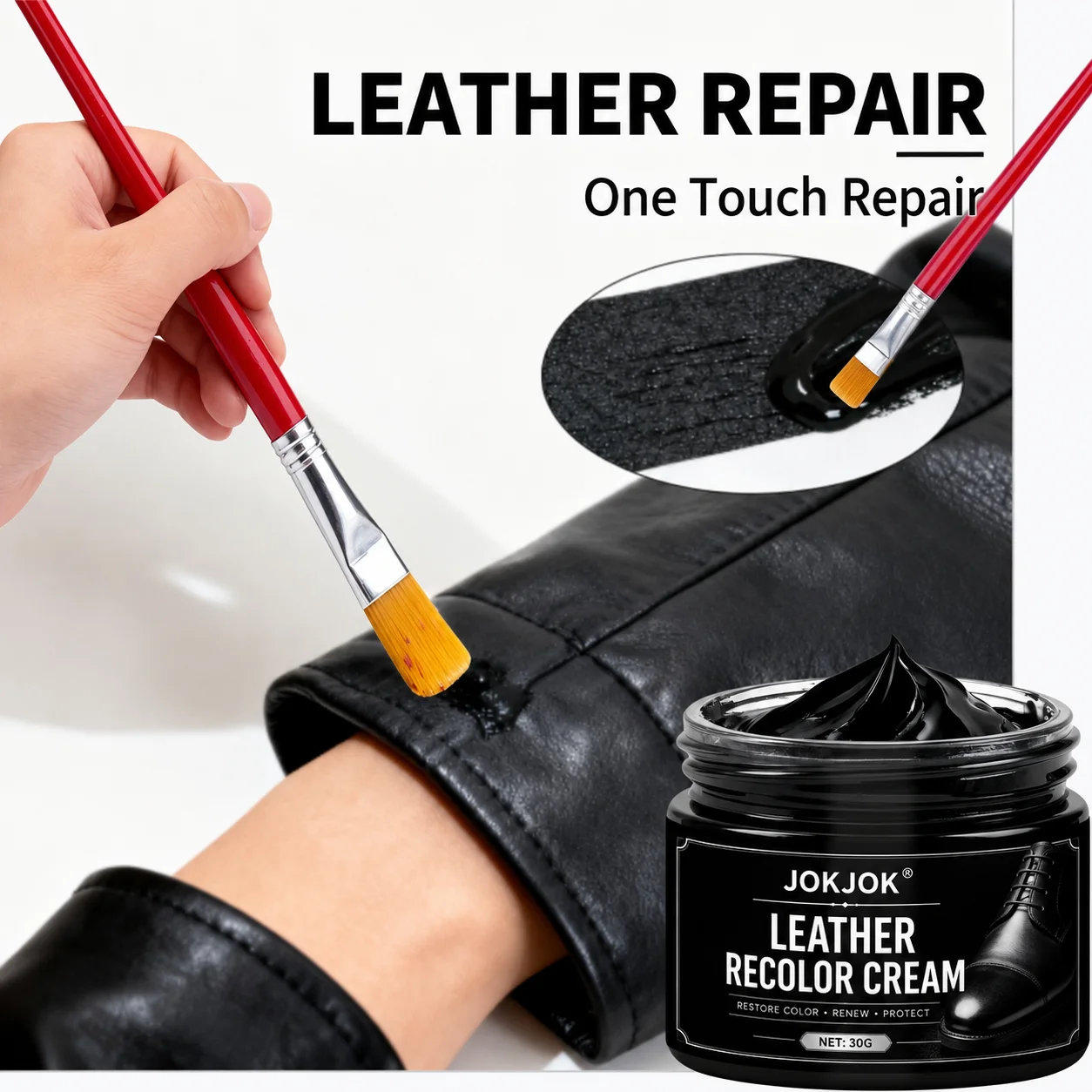 JOKJOK Leather Repair Cream 30G Black Recolor Balm For Shoes Car Seats Sofas Jackets Scratch Scuff Fading Restorer
