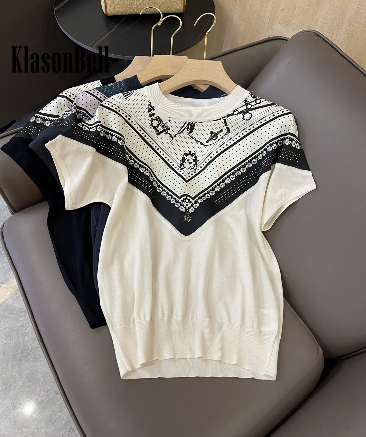 Imagem -02 - Klasonbell-v-letter Print Malhas Emendadas para Mulheres Camiseta de Seda Chique Glamourosa O-pescoço Raglan Manga Curta 3.16