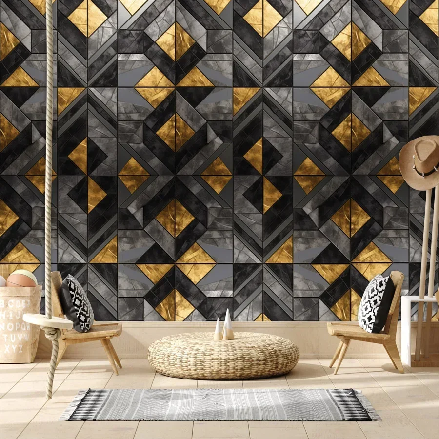 Modern Black Gold Geometry Contact Wall Papers Home Decor Peel and Stick Vinyl Wallpapers for Living Room Bedroom TV Wall Panels