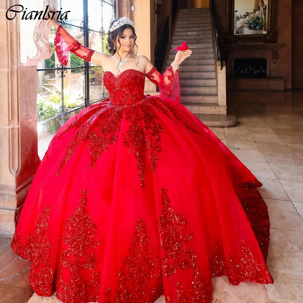 

Red Detachable Sleeve Ruffles Ball Gown Quinceanera Dresses Sequined Appliques Lace Corset Vestidos De 15 Años