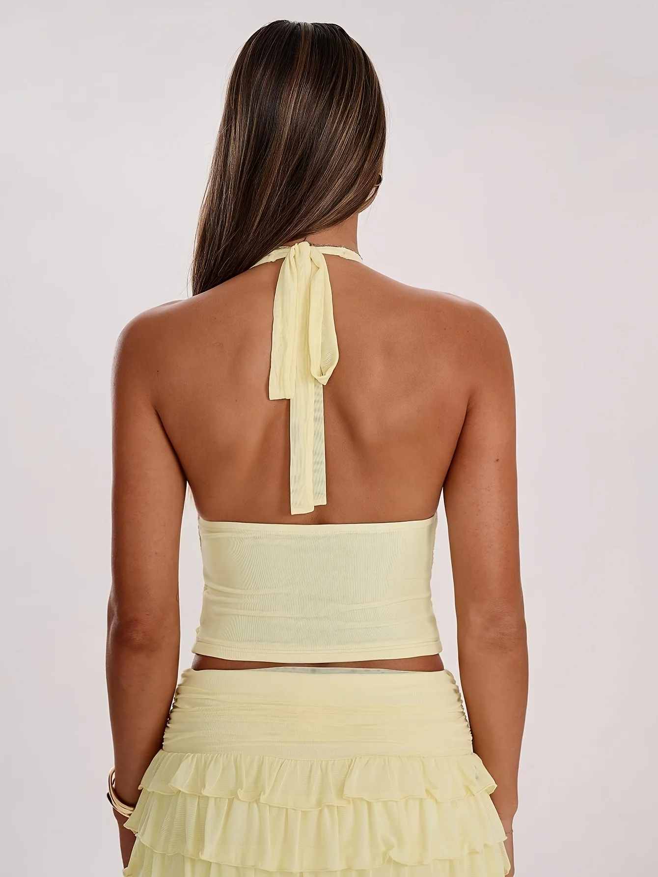 Ins Style Solid Color Halter Cami Top, Deep V Open Back Tie Slim Fit Cropped Y2K Spicy Girl Blouse