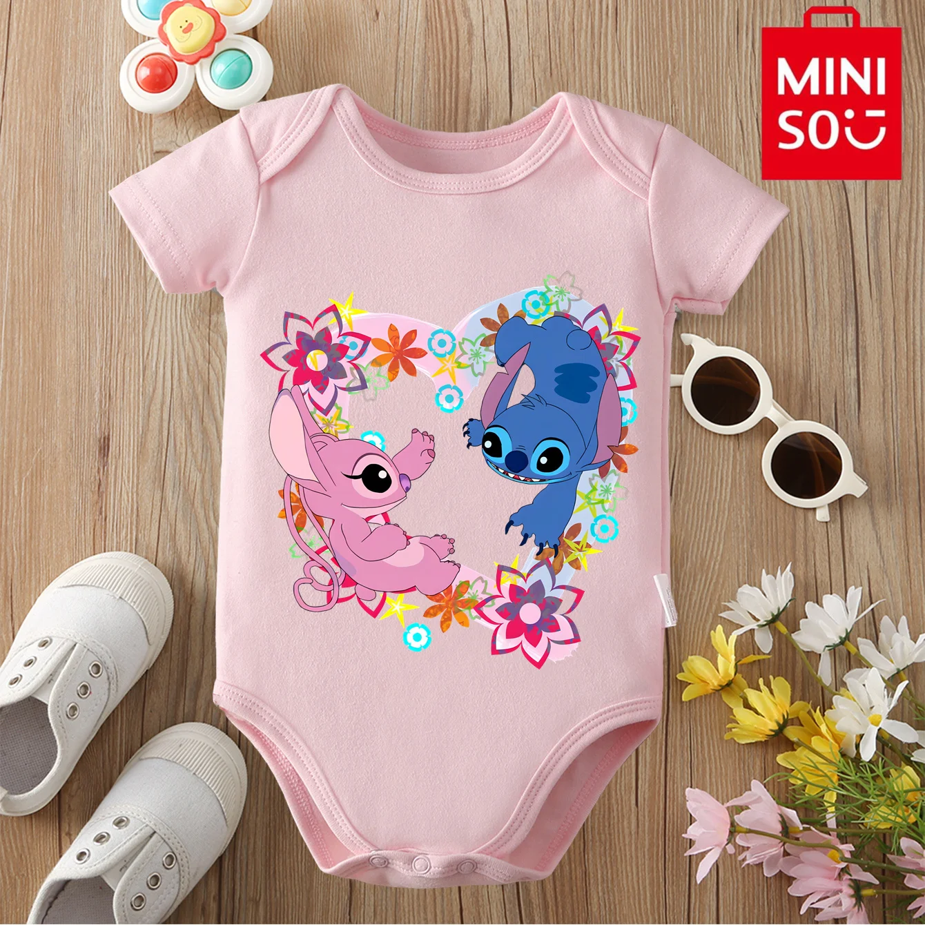 

MINISO Stitch с милым принтом из чистого хлопка, мягкая детская одежда, комбинезон, боди, детский комбинезон, индивидуальный комбинезон для новорожденных от 0 до 12 месяцев