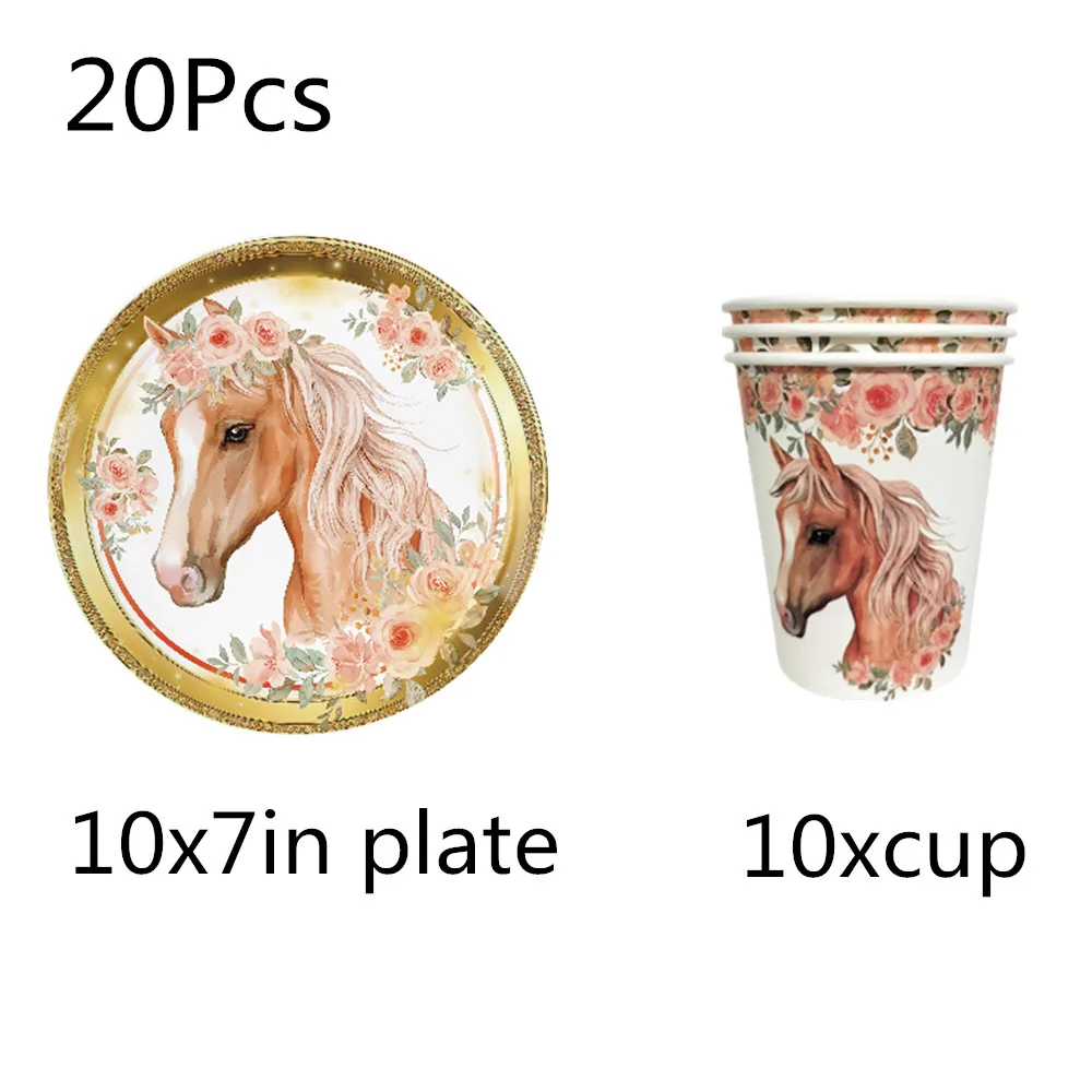 Pink Floral Horse Birthday Party Decorations Tableware Cup Plate Set Backdrop Racing Horse Western Cowgirl Party Supplies