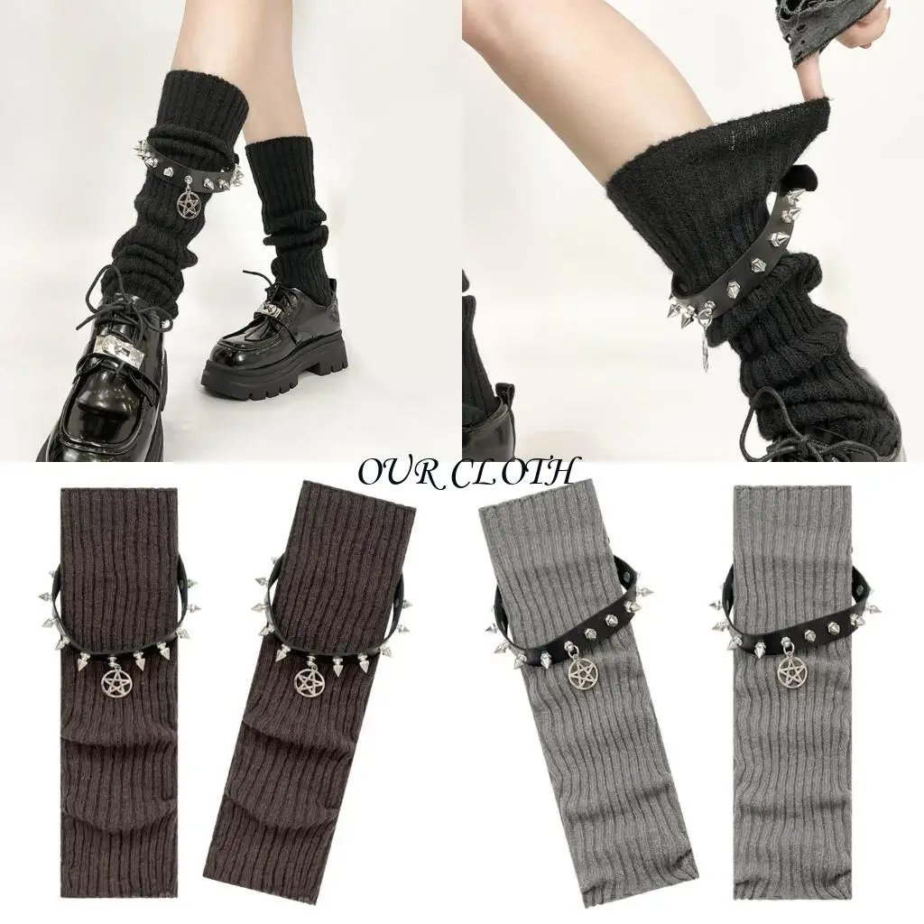 

Women Harajuku Gothic Leg Warmers Ribbed Knit Boot Toppers with Star Rivets Leather Belt Stretch Long Socks for Parties Y1AC