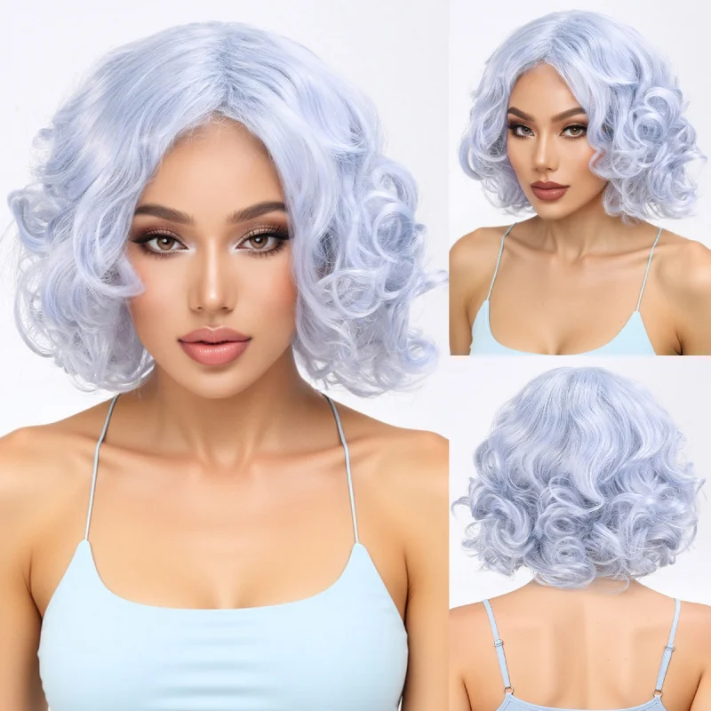 

Women's Fashionable Fluffy Light Blue Gray Short Curly Synthetic Wig