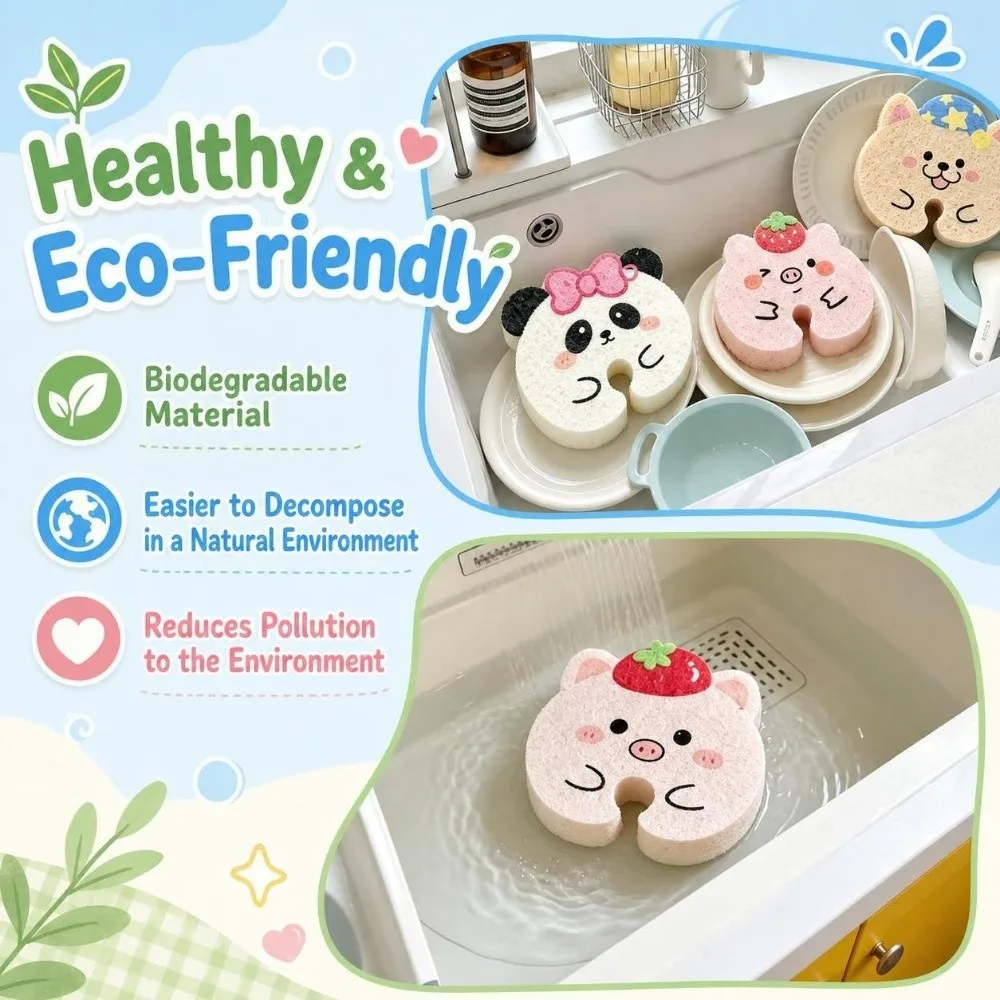 Cartoon U-Shaped Groove Sponge Absorbent Wood-pulp Kitchen Scrub Sponge Quick-dry Non-scratch Dish Washing Sponge Cookware