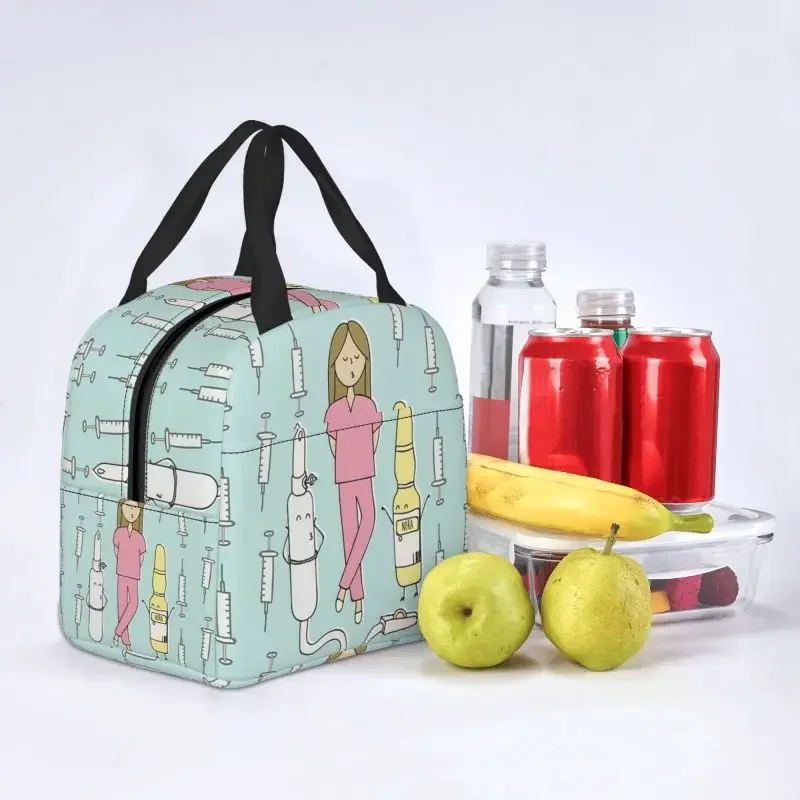 Cartoon Ladies Nurse Doctor Printed Lunch Bag Men Women Warm Cooler Insulated Lunch Box for School Work Picnic Food Tote Bags