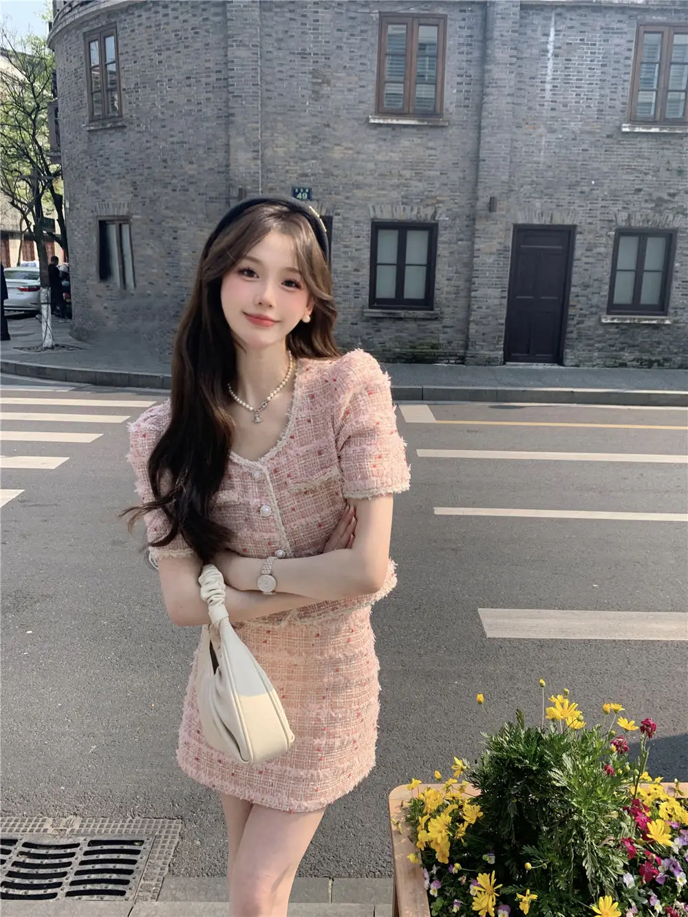 Chic Style Two-Piece Set for Women Female Lady, Summer New Korean Elegant Single-Breasted Top + Pink Pencil Skirt for Petite