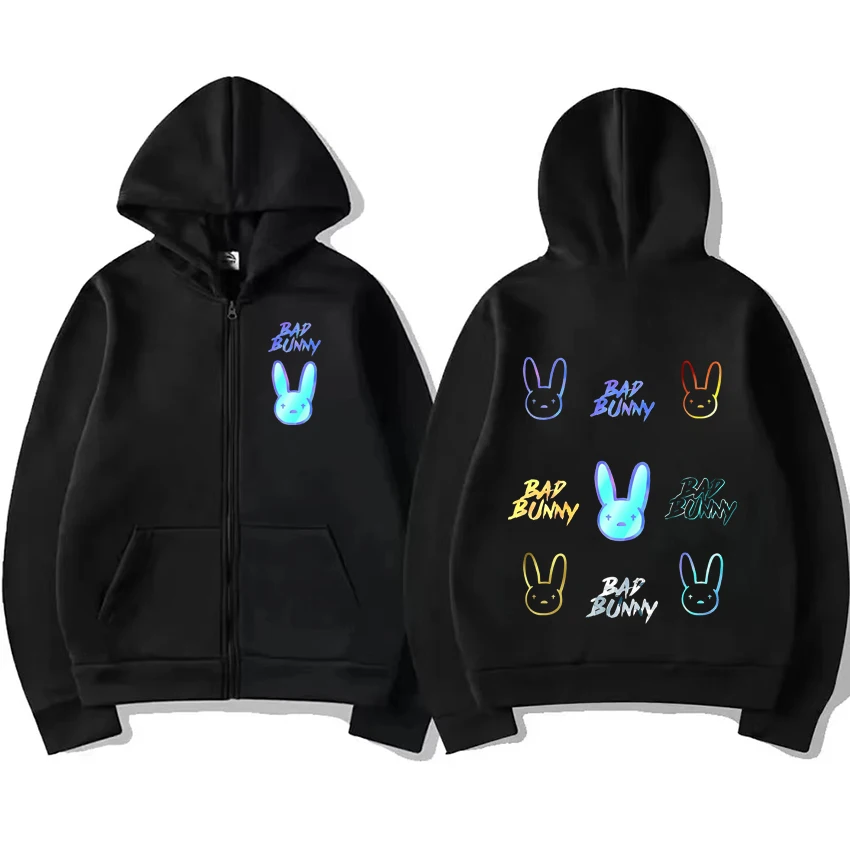 

Bad Bunny Art Graphic Zipper Hoodie Coat Men Women vintage funny Casual streetwear Oversized fashion Unisex Fleece Zip-up Jacket