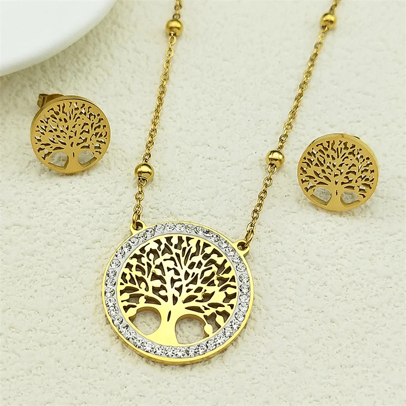

Tree Of Life Rhinestone Pendant Necklace Earrings For Women Girls Stainless Steel Gold Color Classic Love Female Jewelry Gifts