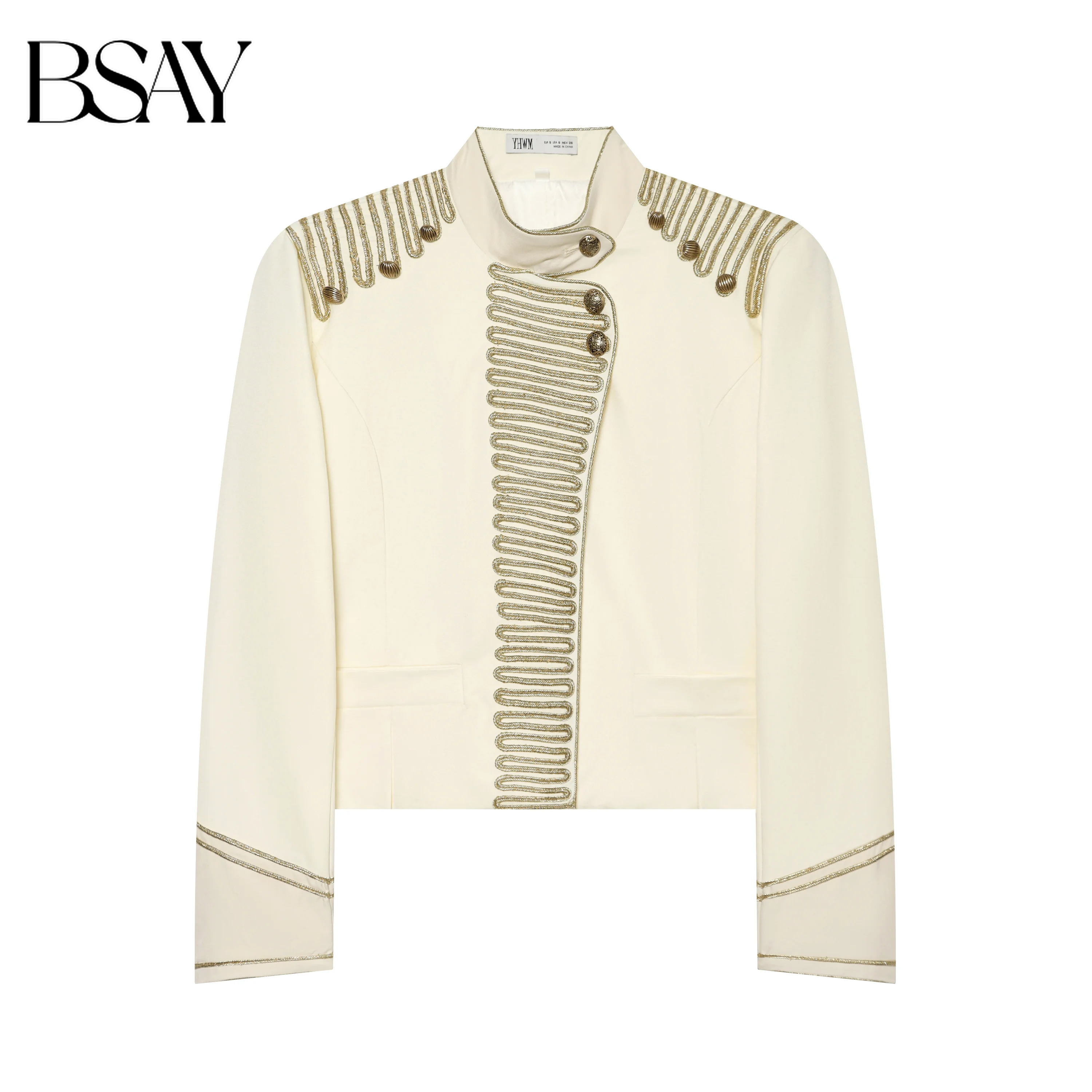 BSAY 2026 Women Military Style Cropped Jacket Gold Braided Trim Stand Collar Asymmetric Button Decor Long Sleeve Short Outerwear