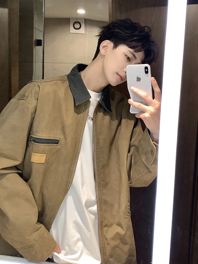 

Мужская свободная рабочая куртка цвета хаки для весны и осени в американском ретро-стиле, модная уличная одежда для пар, с декоративной молнией, ветрозащитная