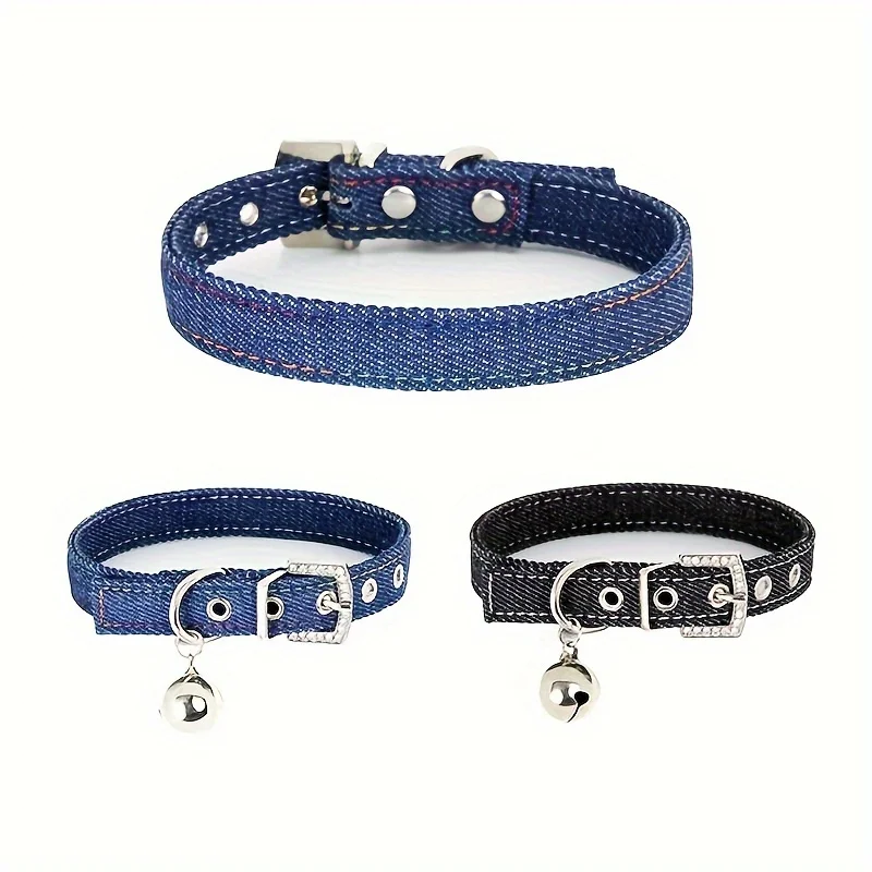 

Stylish Denim Dog Collar With Bell, Adjustable Dog Coller Puppy Neck Strap With Rhinestone Decor Buckle, Pet Decoration Supplies