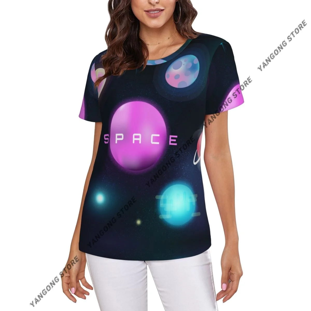 T Shirt Women Galaxy Space Planets Stars And Rocket Tee Shirt Casual Round Neck Short Sleeve Streetwear Female T-Shirt