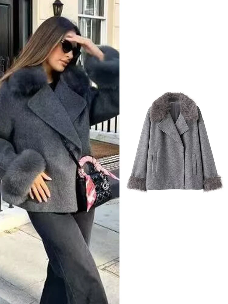 

﻿ Elegant Woolen Short Coat For Ladies Solid Loose Lapel Furry Collar Long Sleeve Jacket Female 2025 Autumn Winter Chic Coat