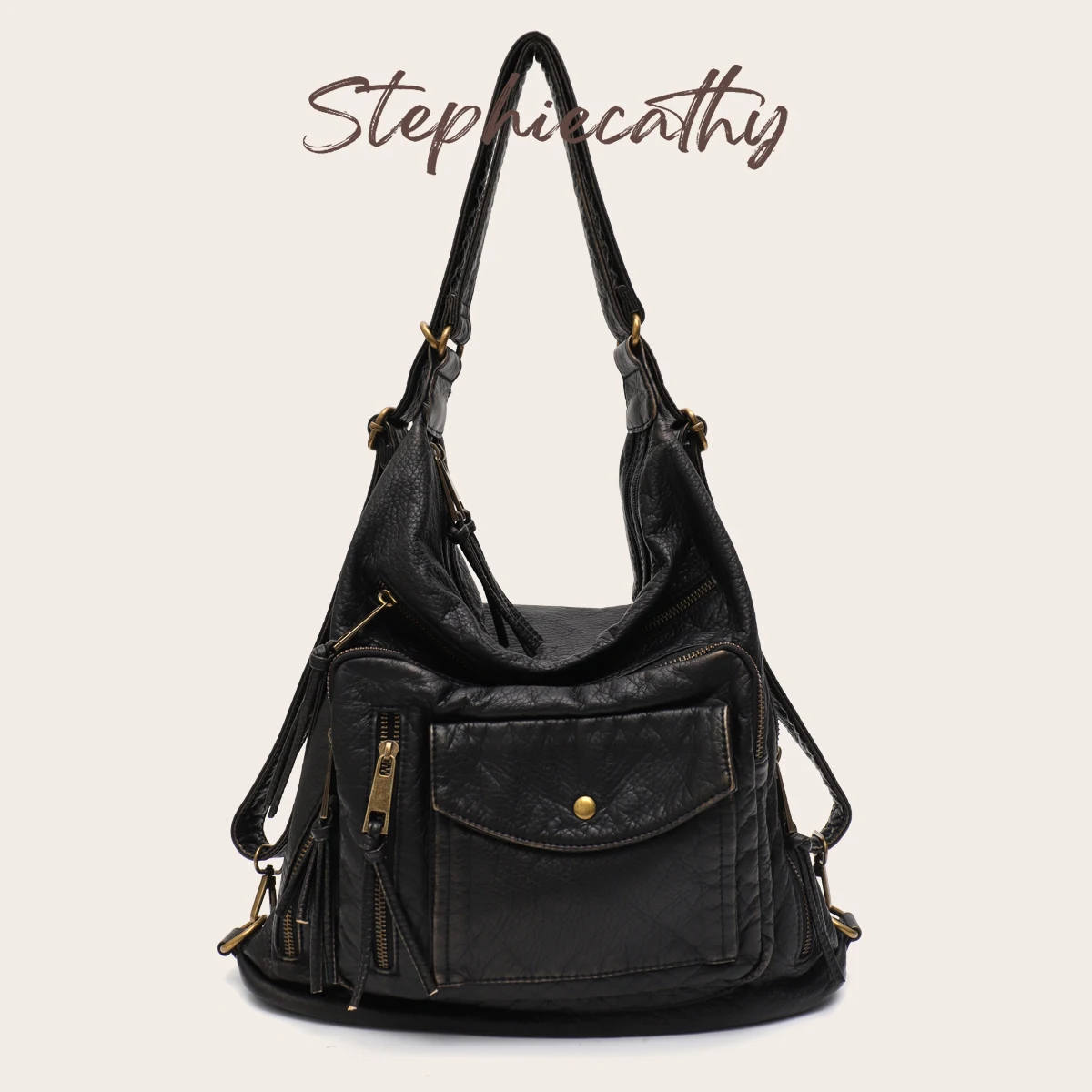 CR Casual Cool Street Style Washed PU Vegan Leather Backpack Zipper Closure Multi Functional Pockets Large Capacity For  Daily