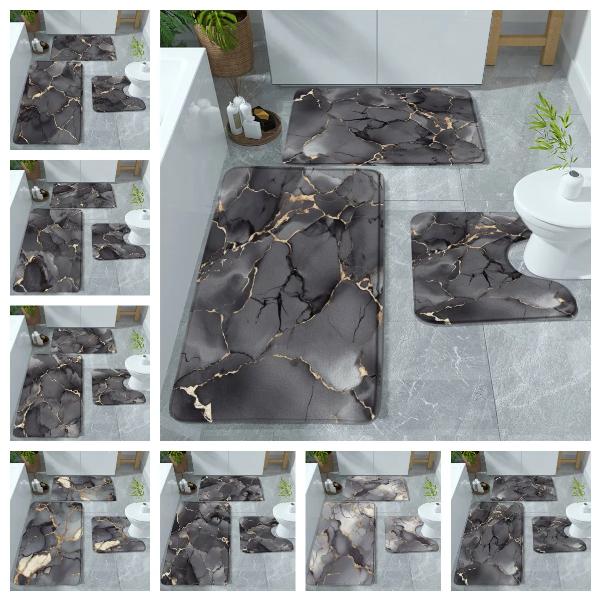 Marble Bath Mat Abstract Stone Texture Crack Pattern Creative Black Grey Modern Classic Bathroom Rugs Flannel Carpet 3pcs/Set