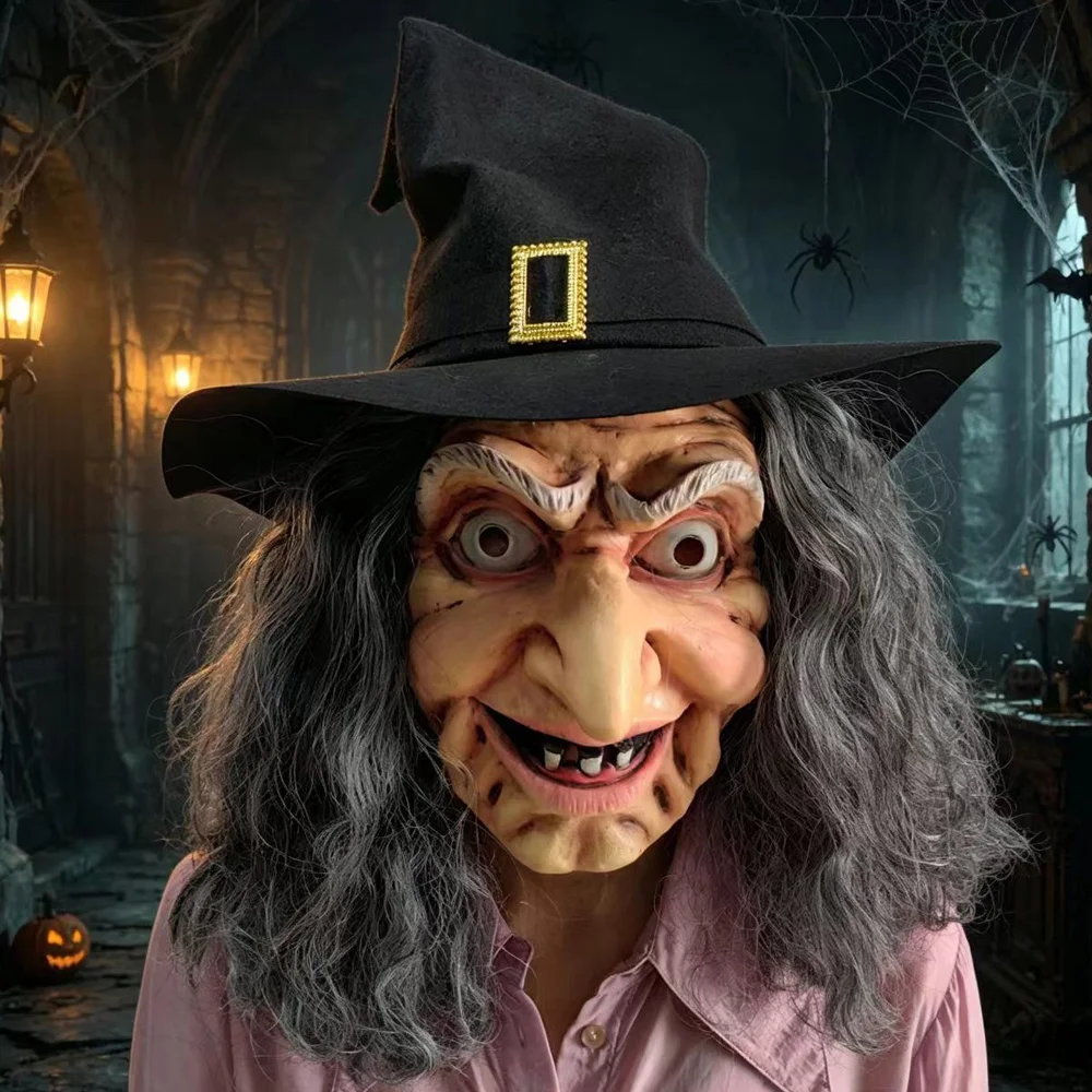 

Witches With Hat Mask Cosplay Sorceress Old Nana Grandma Latex Helmet Halloween Carnival Dress Up Party Costume Props