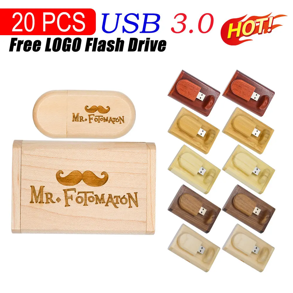 20PCS Free Custom Logo USB 3.0 Flash Drive 128GB Wooden Box Pen Drive 64GB Memory Stick 32GB Creative Wedding Gift Pendrive 16GB