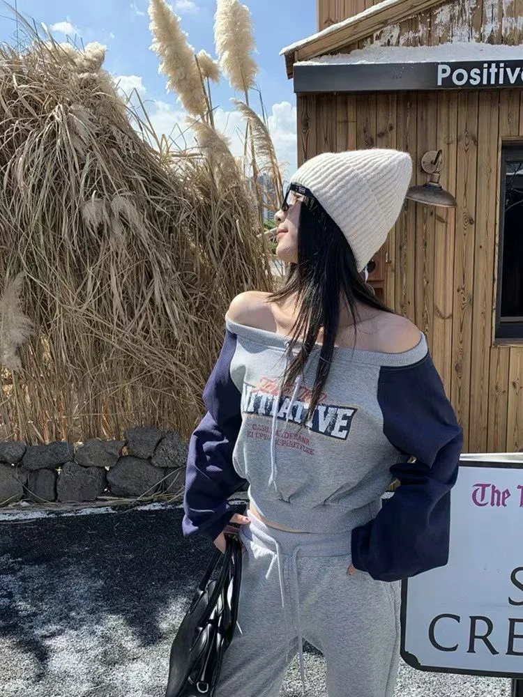 

Свободный крой, длинный свитшот све, женский корейский сле, модный топ на одно плечо, топ из смеси хлопка с высокой талией