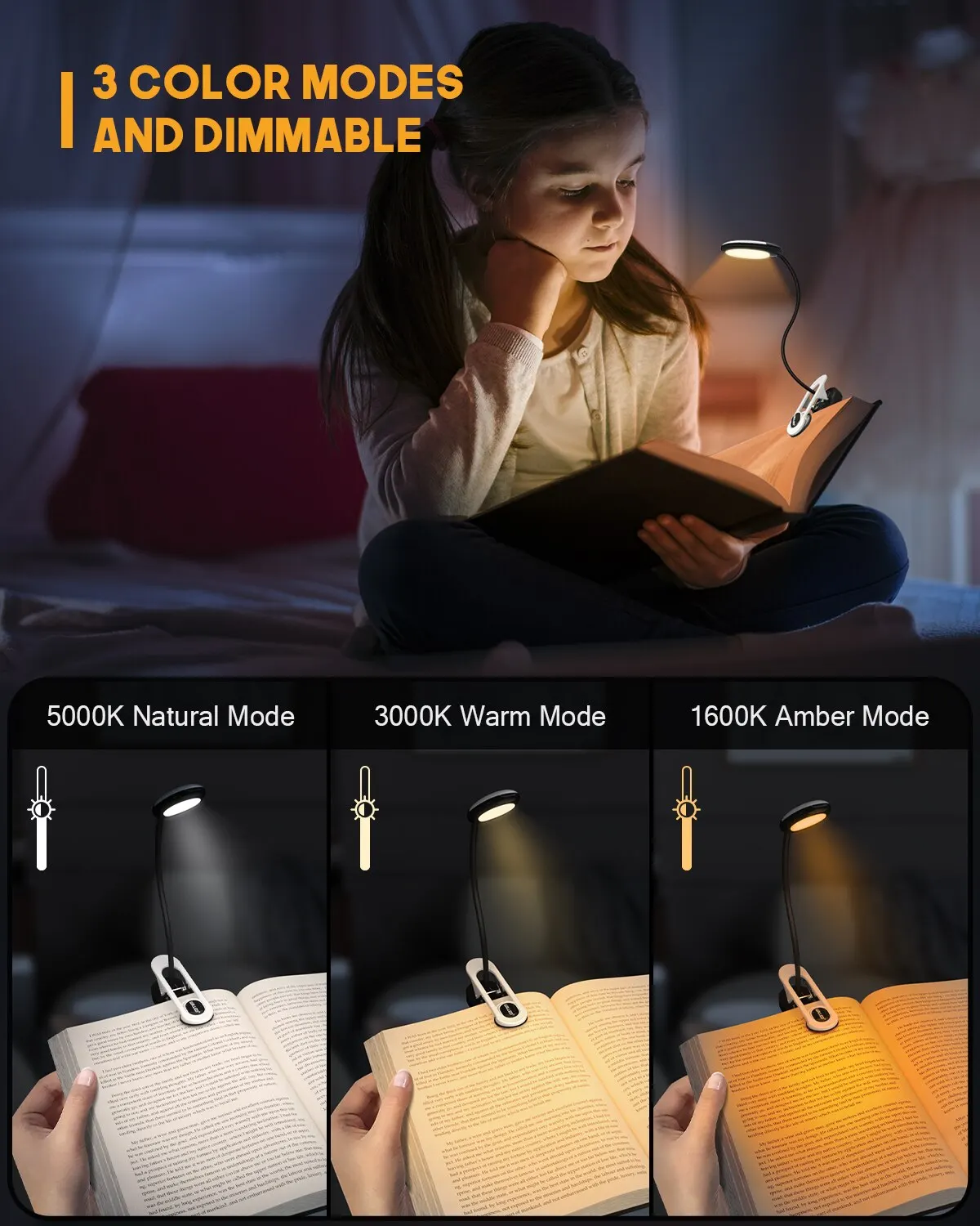 3 Kleuren 5 Helderheid Displays Battery Power Oplaadbare Mini LED Leeslicht Flexibel Easy Clip Night Leeslamp in Bed