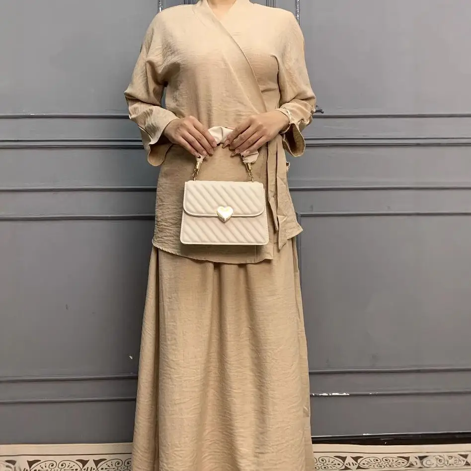 

Ramadan Eid Muslim Set for Women Lace Up Tops Skirt 2PCS Turkey Kaftan Dubai Abaya Islam Clothing Suit Femme Musulmane Ensembles