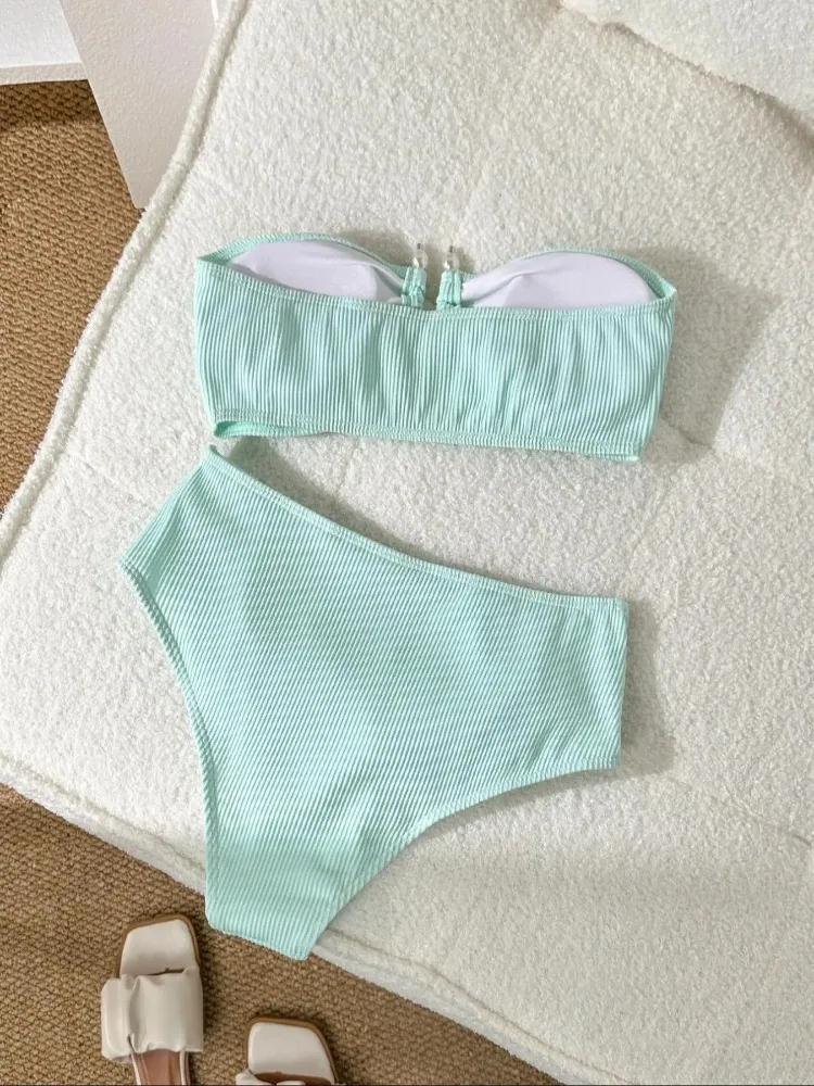 2025 Nowy Damski Seksowny Pomarańczowy Bandeau Metalowy U Drut Push Up Pas Wysoki Stan Bikini Dwuczęściowy Strój Kąpielowy Plaża Wakacje stroje plażowe