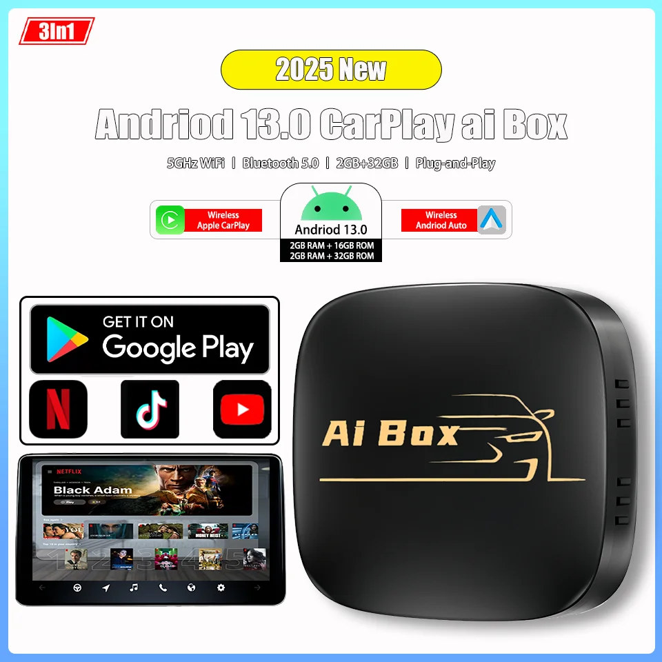 

2025 New Andriod 13.0 Ai Box Built-in Netflix YouTube Wired to Wireless Apple CarPlay & Andriod Auto 3in1 Smart Multimedia Box