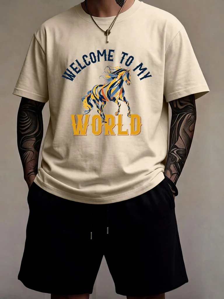 

Welcome To Horses World Pattern Casual Classic Man Short 2 Piece Set Cotton Simple All-Match Sportswear Jogging Summer Sportpant