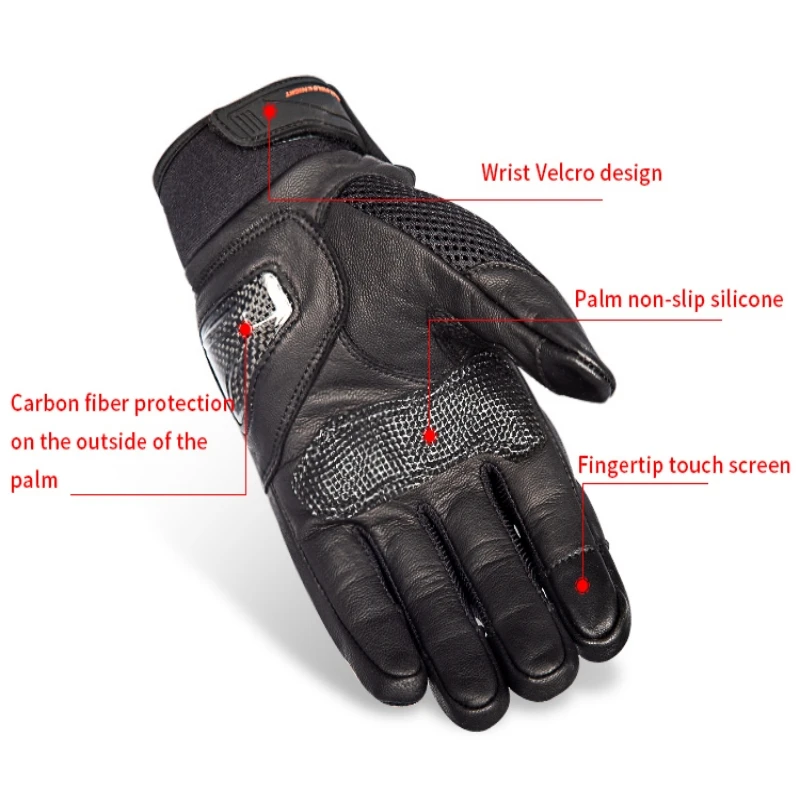 SFK Orange Full Finger Motorcycle Gloves Genuine Leather Breathable Knuckle Protection Touch Screen Motorbike Outdoor Riding