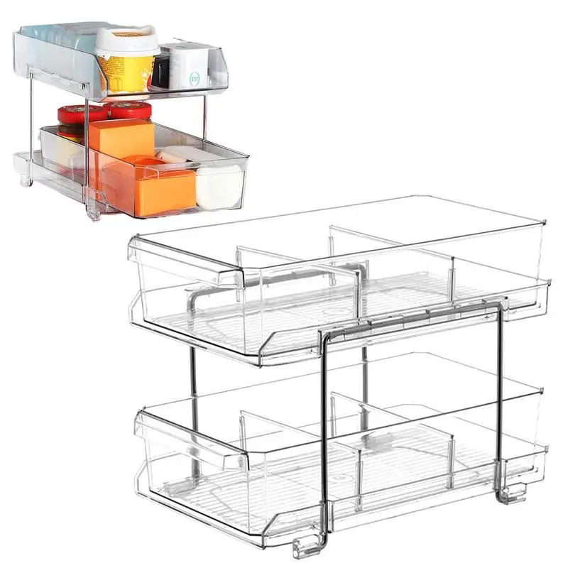 

Sliding Cabinet Basket Pull Out Organizer Shelf With Drawers 2 Tiers Clear Slide Out Cabinet & Countertop & Pantry Organization