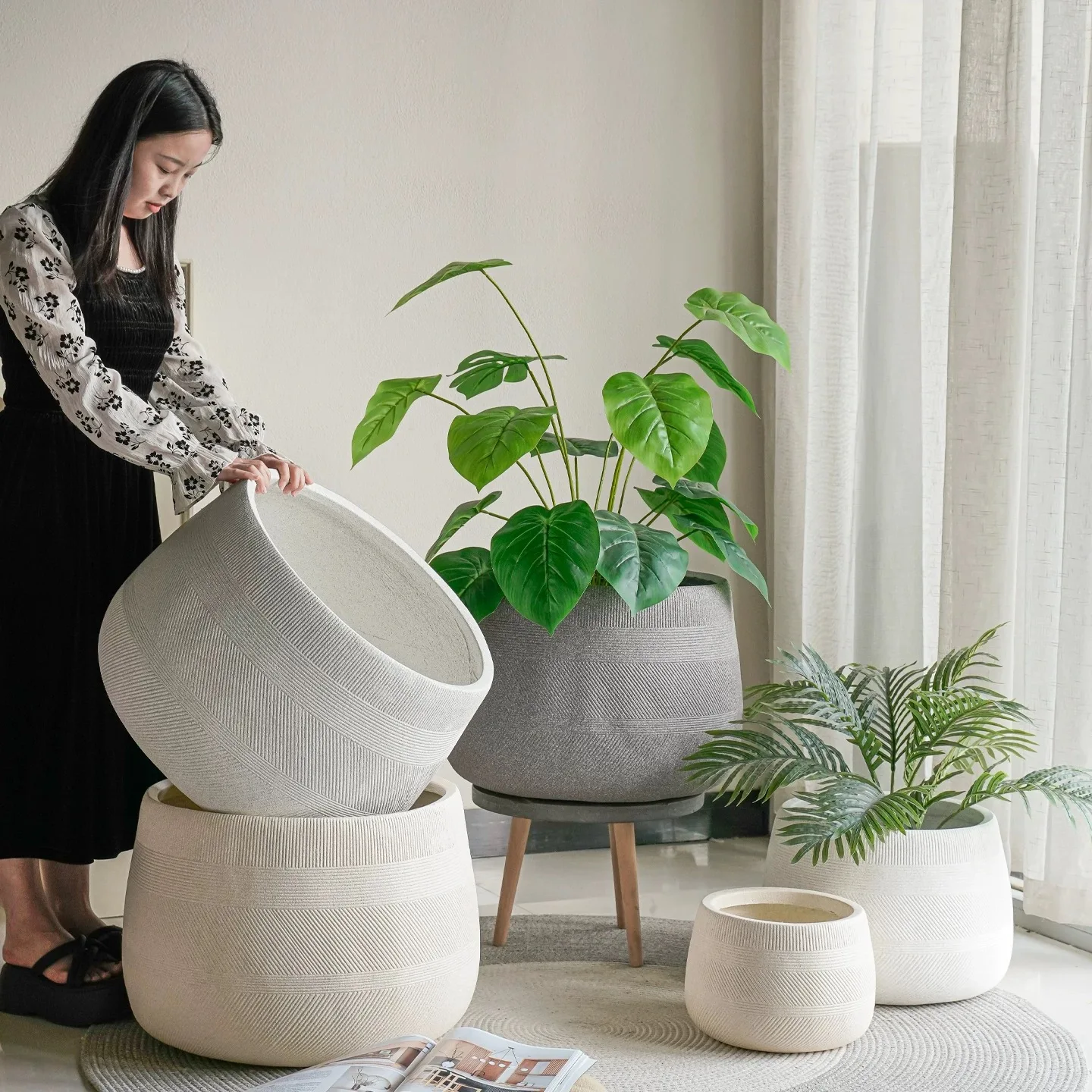 

Оптовая продажа: Дизайнерские садовые кашпо 2026 года, большие круглые горшки из фиброглины для растений и цветов, для дома и сада