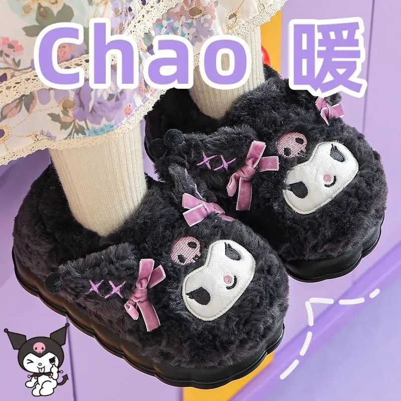 Sanrio Girl Slippers Winter Wear Outside New Cute Child Cotton Shoes Kuromi Kawaii Thicken Keep Warm Fashion Cartoon Home Shoes