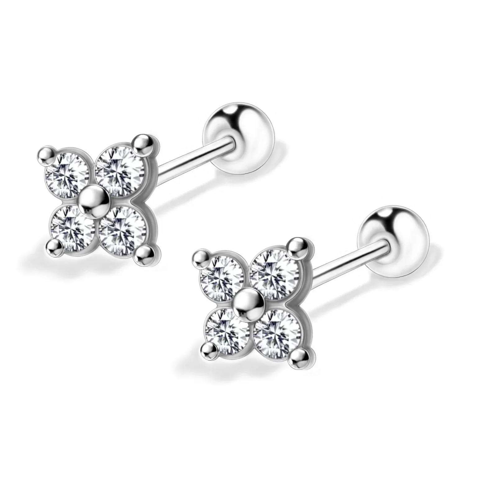 925 Sterling Silver Minimalist Four CZ Leaf Flower Stud Earrings For Women Girl Baby Brincos Prevent Allergy Piercing Pendientes