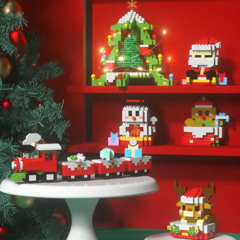 Mini Kerstman Kerstkrans Cadeau Boomblokken Elanden Sneeuwpop Trein Kleine Bel Decoratie Huis Kinderen Speelgoed MOC Assembleren Bakstenen