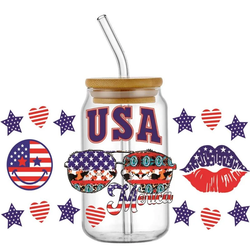 

America National Day 16OZ UV DTF Cup Wraps Transfer Sticker For Glass Libbey Can Self adhesive Washable DIY Custom