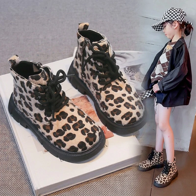 Kid Leopard Print Short Boots 2026 New Women Winter Girl Shos Anti Slip Short Boots Fashion Ankle Boots Boy Shoes