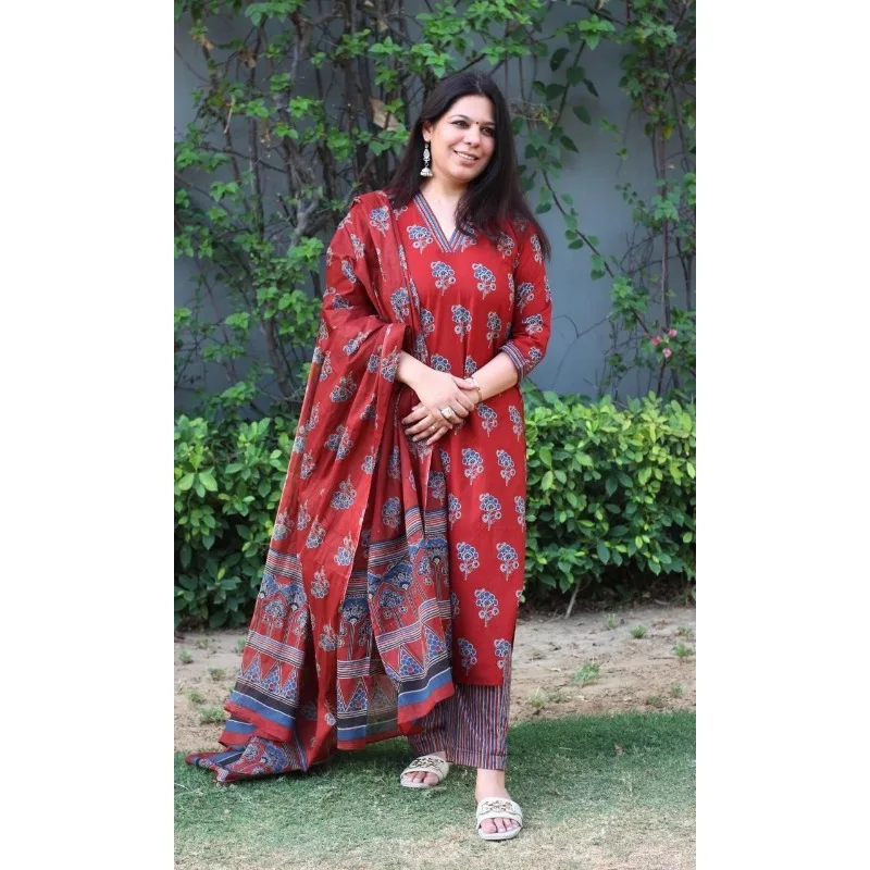 Red Color Printed Kurta Palazzo with Dupatta Set Women Salwar Kameez Suit Kurti