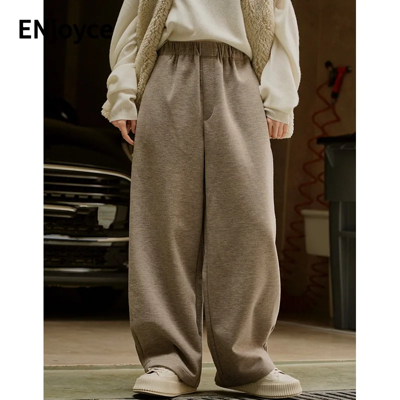 

Winter Women Casual Baggy Pants Streetwear Elastic Waist Wide Leg Loose Thicken Inner Fleece Trousers