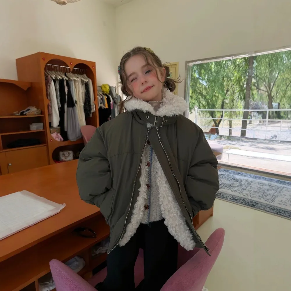 Girls Parka Jacket 2026 Winter New Korean Style Fleece Stand Collar Coat Kids Warm Cotton Outerwear for100-160cm