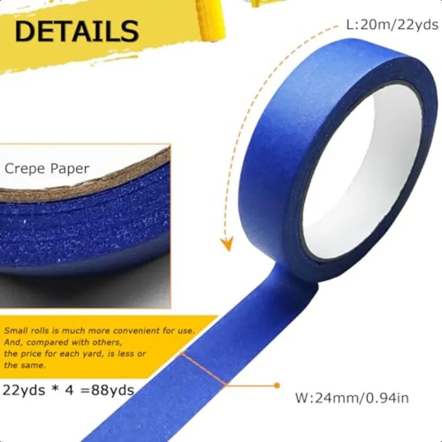 4 rouleaux de ruban adhésif bleu pour peintres, ruban de masquage pour peinture polyvalente, artisanat de bricolage, 88yd = 0.94I