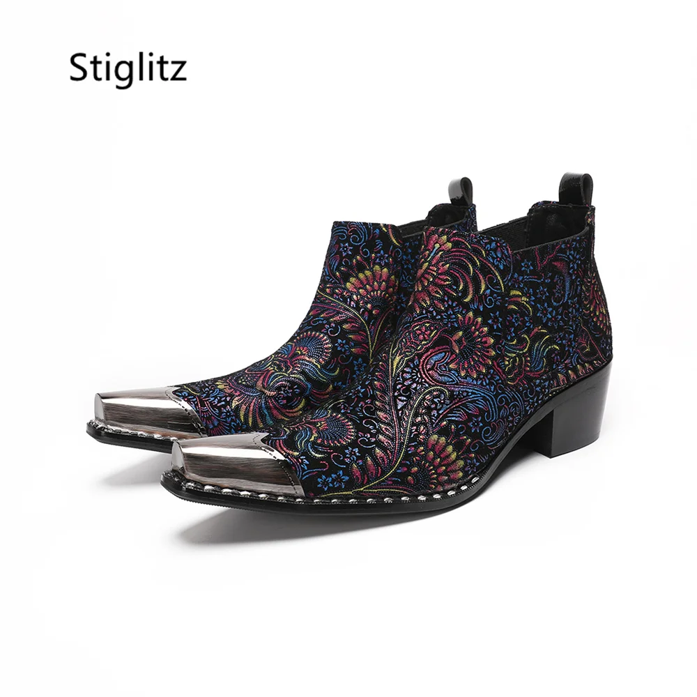 Men Retro Floral Prints Western Ankle Boots Metal Pointed Toe High Heels Chelsea Boots Vintage Cowboy Short Booties Party Shoes